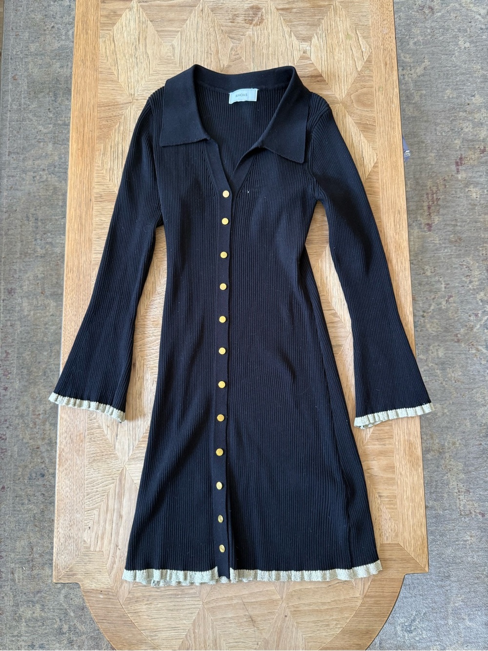 A.L.C. Black Ribbed Button-Front Knit Dress with Gold Trim
